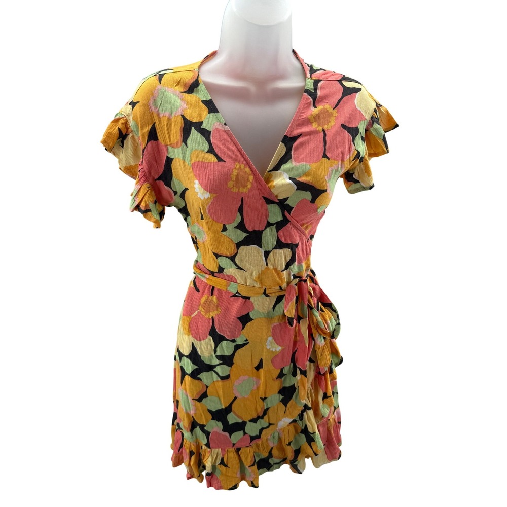 Billabong Womens Floral Wrap Mini Dress Multicolor Ruffle Sleeve XSmall